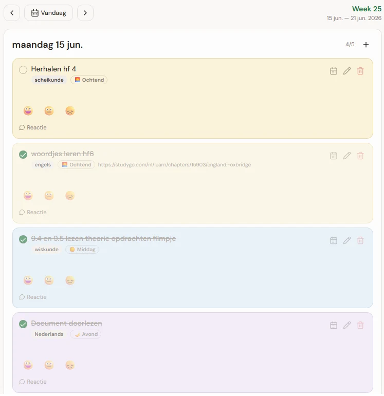 Schermopname van de BEL planner app met de weekplanning